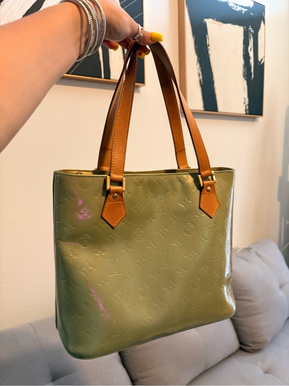 Louis Vuitton Olive Green Vernis Leather Tote with Tan Handles